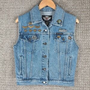 Vintage Harley Davidson Womens XS Denim Vest Blue Biker w/ Pins Patch Motorcycle